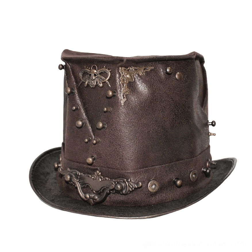 Front three-quarter angle of brown steampunk leather hat highlighting skull metal ornament, rivet accents, and structured decorative front band