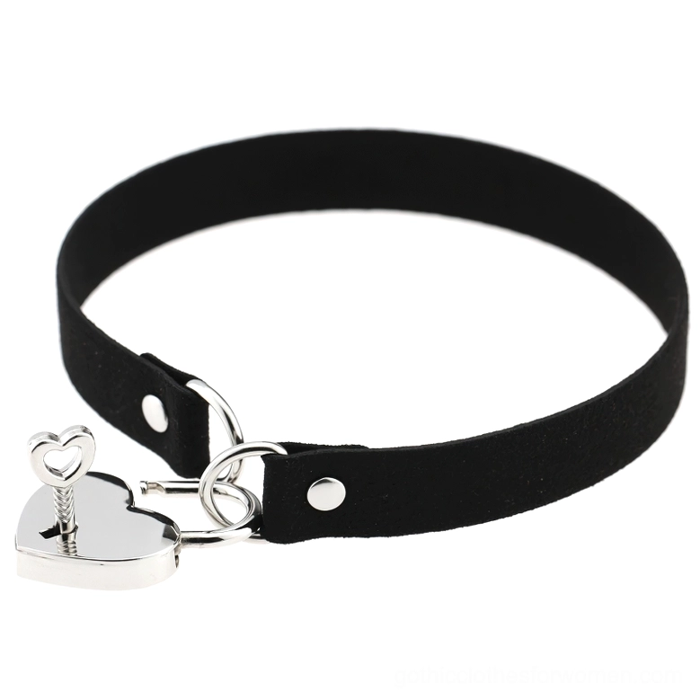Heart-shaped silver padlock choker with matching key detail on black leather strap - front view