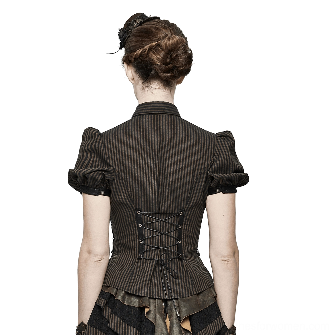 Gothic steampunk blouse with lace-up back closure and stand collar, rear view on model against white background