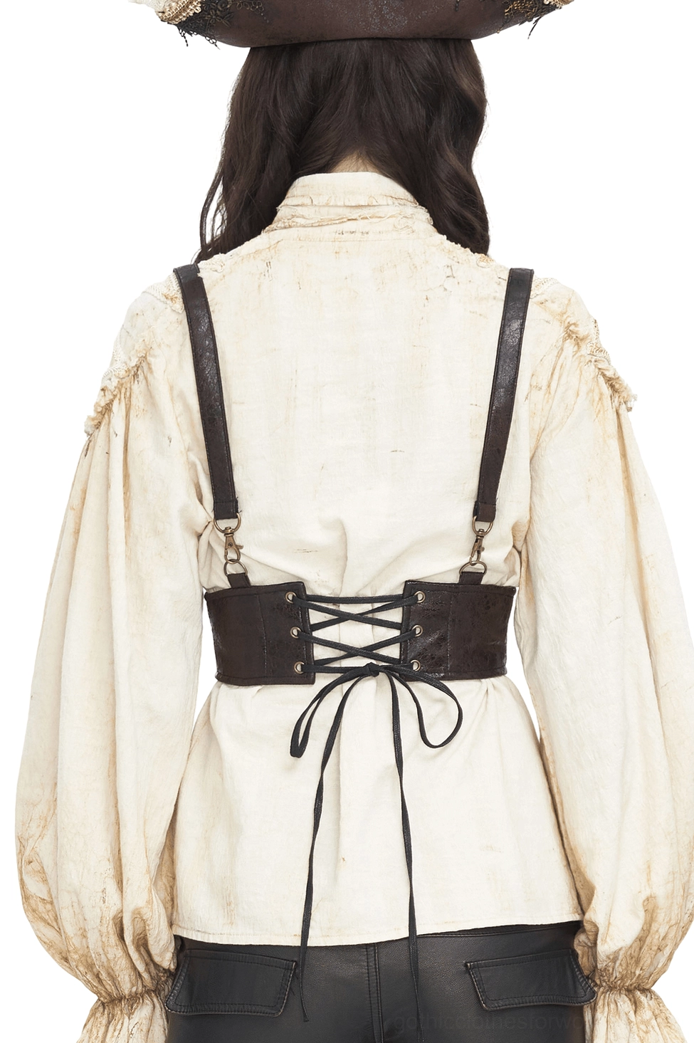 Steampunk leather harness back view showing lace-up closure with waxed drawstring and vintage distressed leather texture