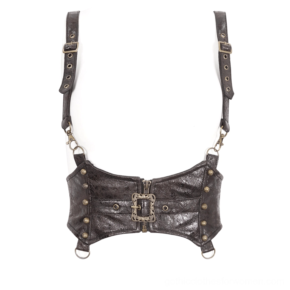 Steampunk leather harness flat front view on mannequin torso, antique brass hardware, side D-rings, rivet accents, and adjustable buckle straps
