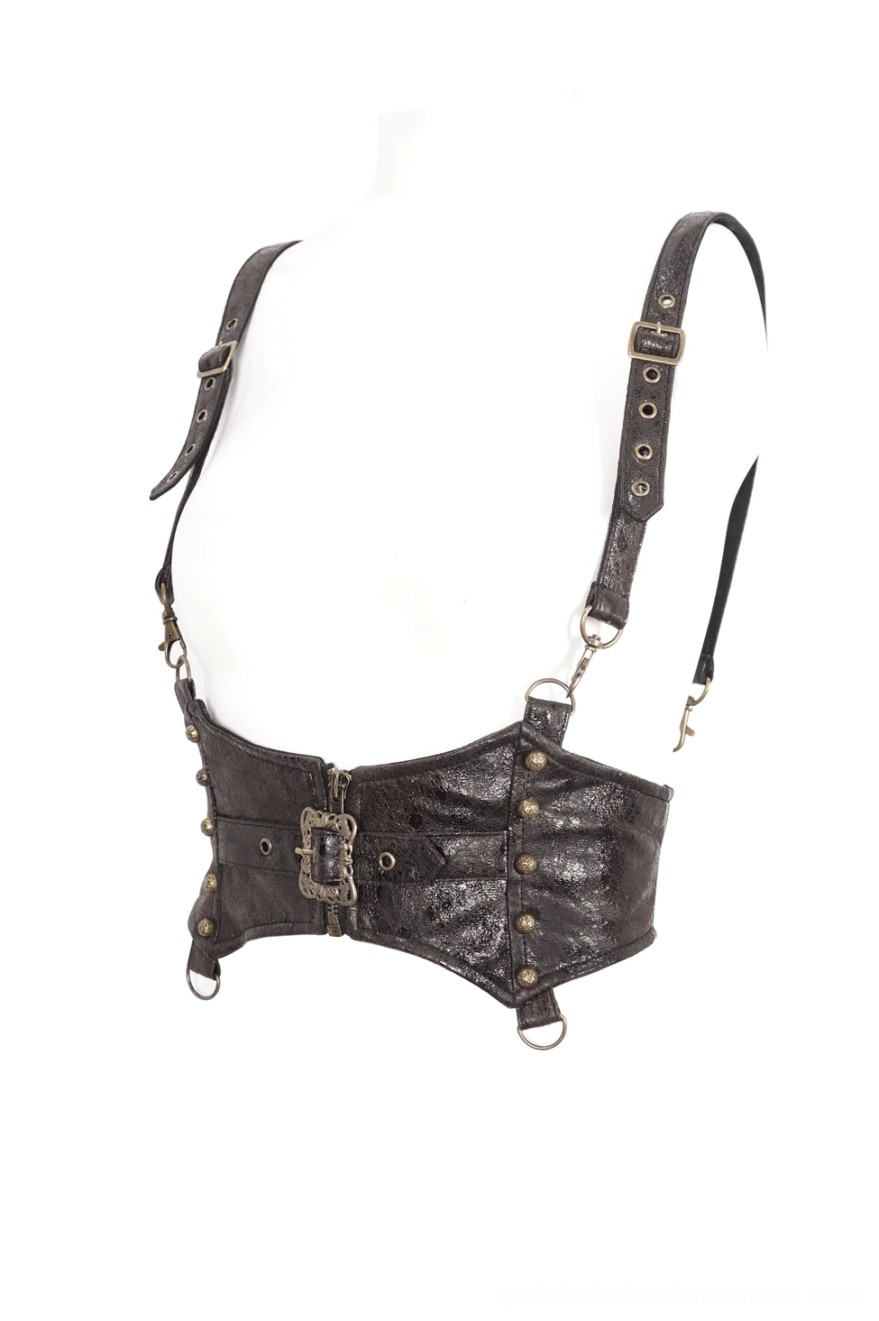 Steampunk leather harness side front view on torso mannequin showing front metal buckle, rivet accents, and detachable adjustable straps