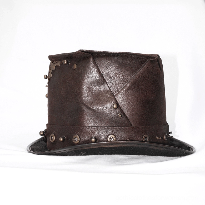 Angled side perspective of brown leather steampunk hat highlighting decorative metal hardware, rivet embellishments, and aged leather finish
