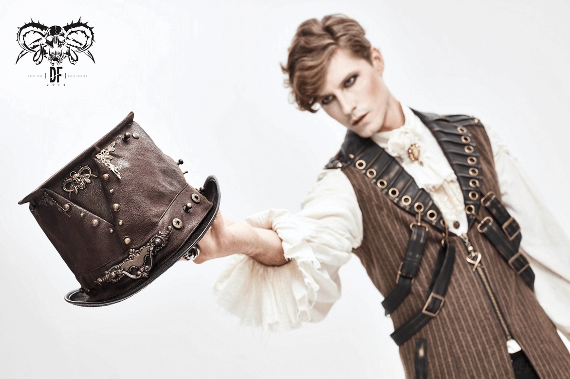 Steampunk leather hat with metal skull ornament and bronze rivets, alternative fashion accessory for gothic and industrial style enthusiasts