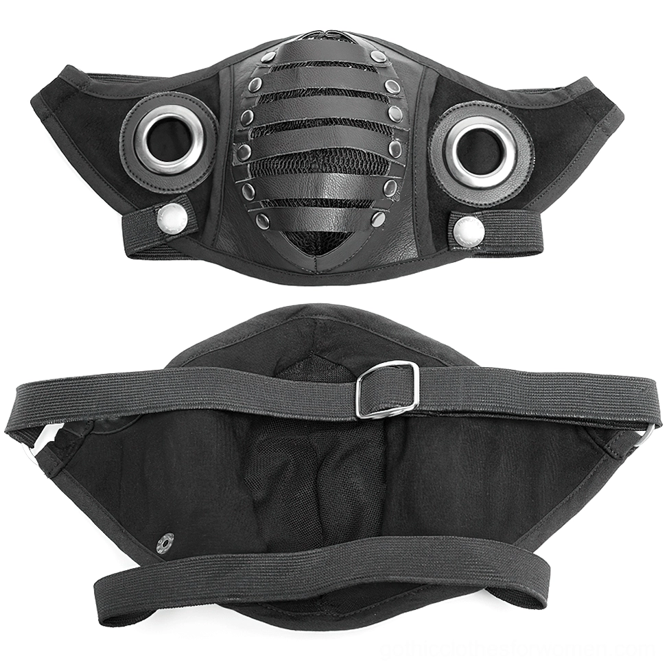 Steampunk leather face mask flat lay front view showing rivet grille pattern and geometric metal grommet design