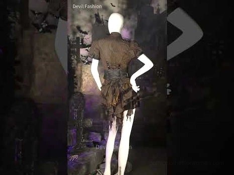 Steampunk styled complete outfit featuring coffee striped blouse with corset waist, paired with layered ruffle skirt, back view mannequin display