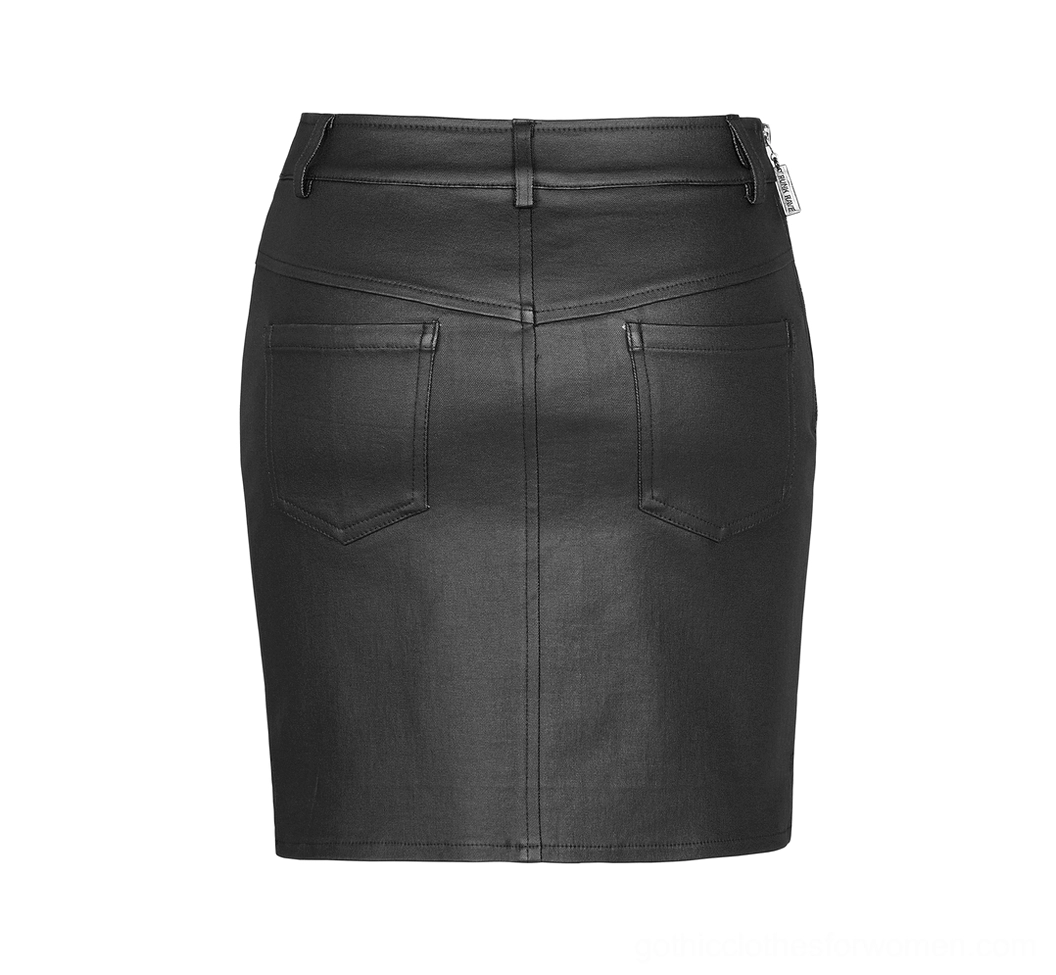 Back flat lay of black PU leather steampunk skirt showing back pockets and classic seam construction