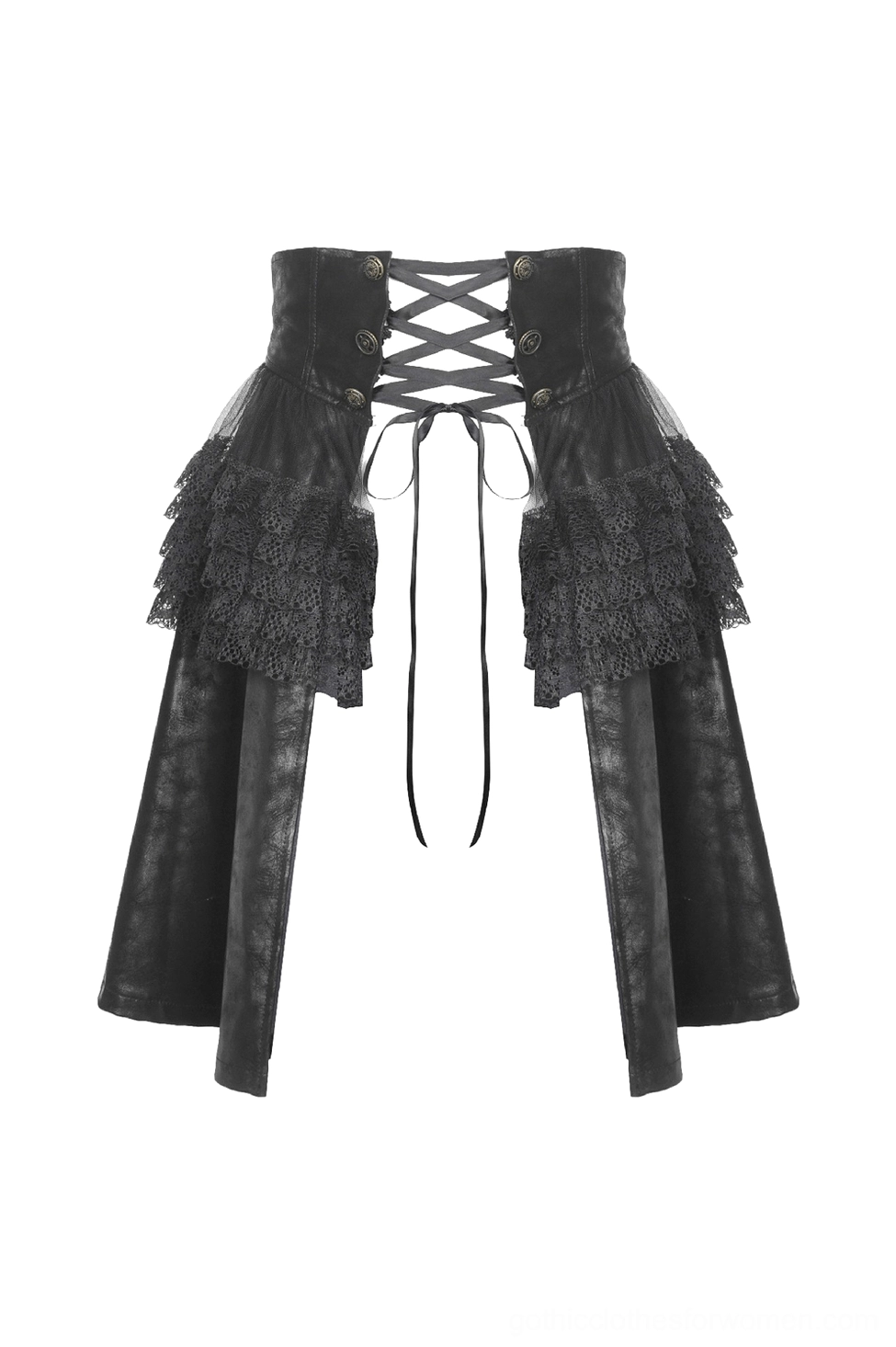 Flat lay rear view of black steampunk skirt showing PU leather construction, ribbon lace-up corset fastening and side ruffles