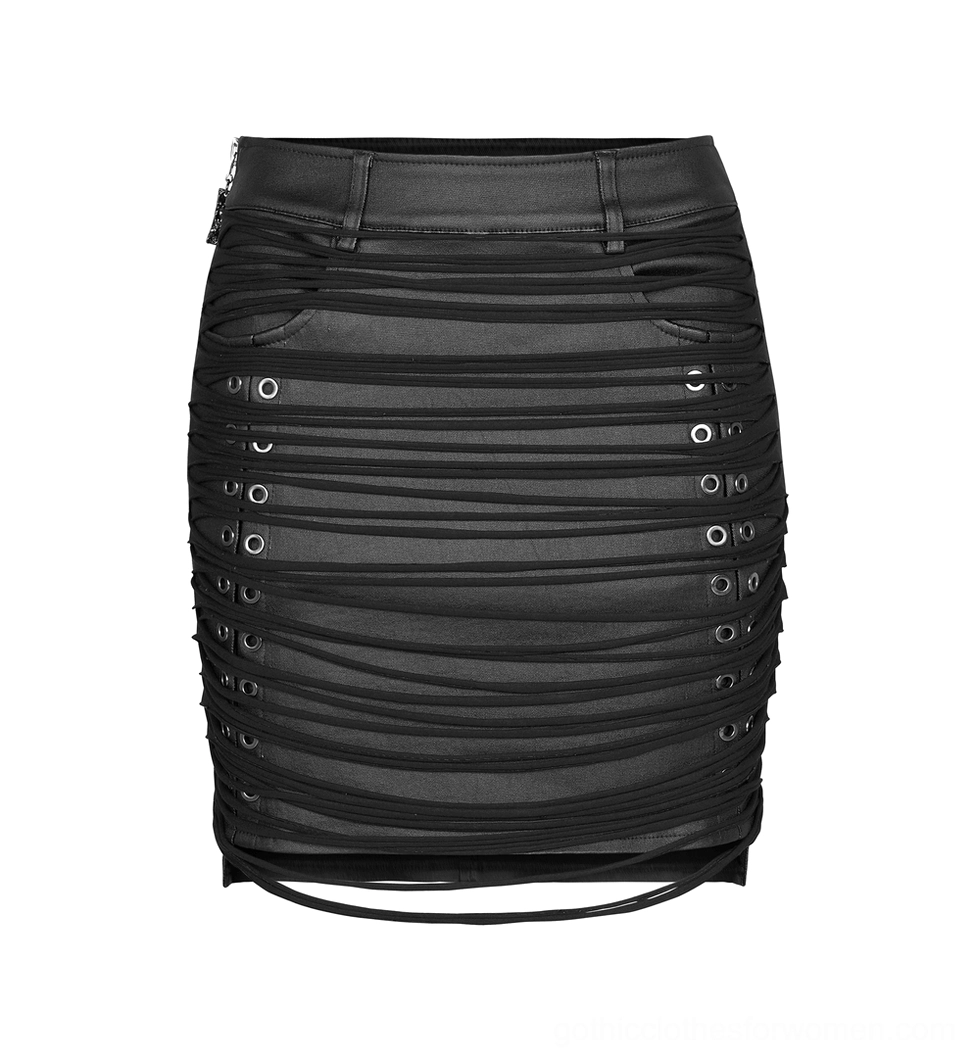 Black steampunk skirt front flat lay displaying metal grommet eyelets and drawstring hem detail
