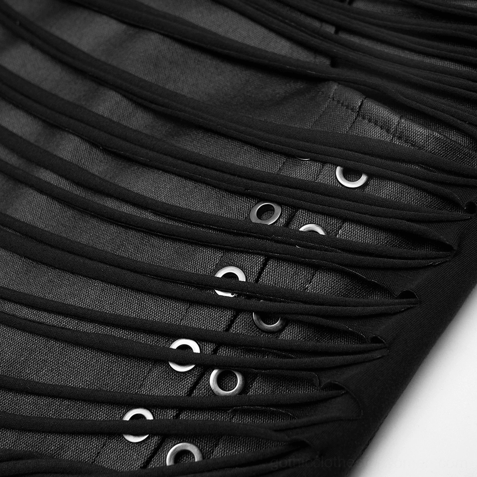 Close-up detail of metal grommets and pleated lace straps on black PU leather steampunk skirt