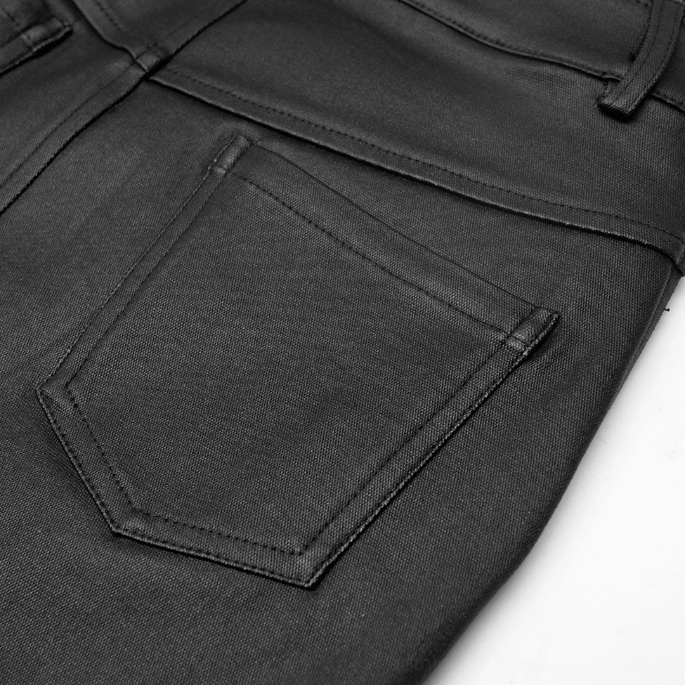 Close-up detail of stitched back pocket and matte black PU leather texture on steampunk skirt