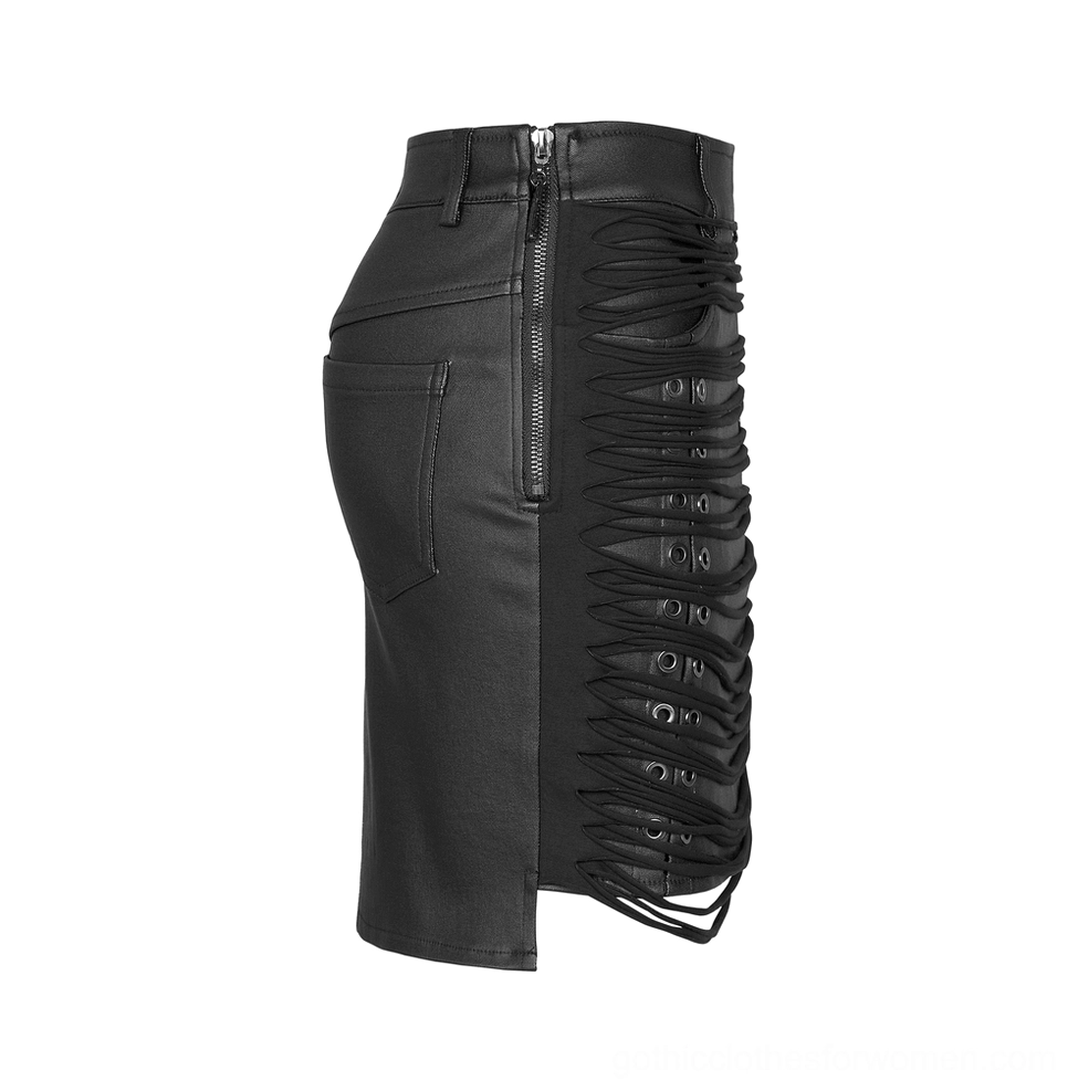 Side view of black steampunk skirt showing exposed metal zipper closure and lace-up grommet detailing