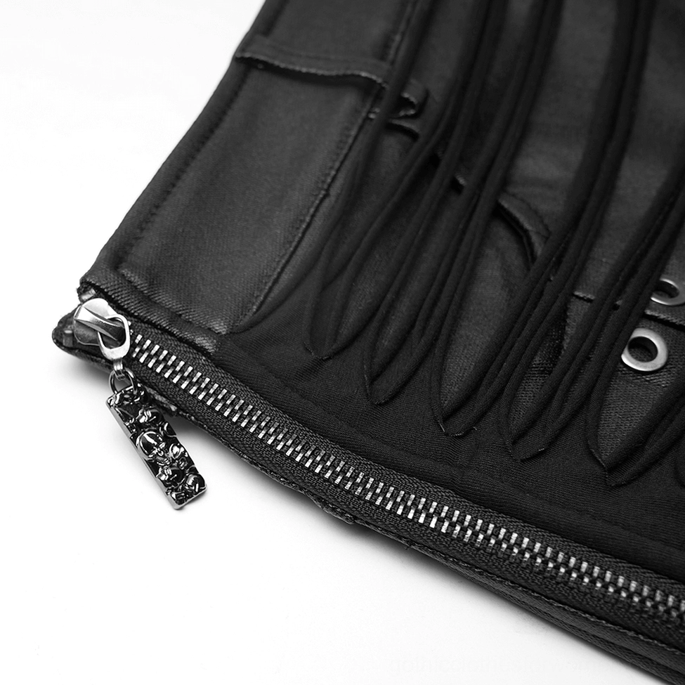 Close-up of metal skull zipper pull and exposed side zipper on black steampunk gothic skirt