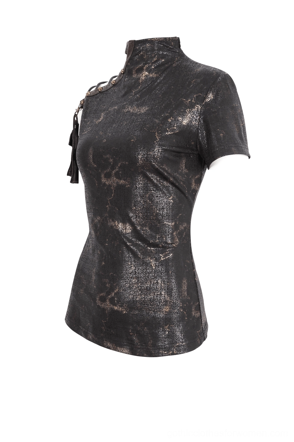 Black and gold gothic t-shirt three-quarter front mannequin display - mock neck and short sleeve detail