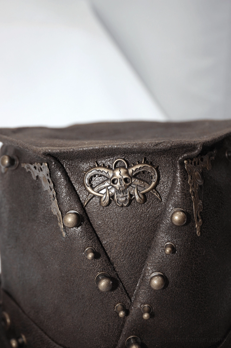 Steampunk top hat in rich dark brown PU leather with ornate metal decorations, rivets, and vintage-inspired design aesthetic