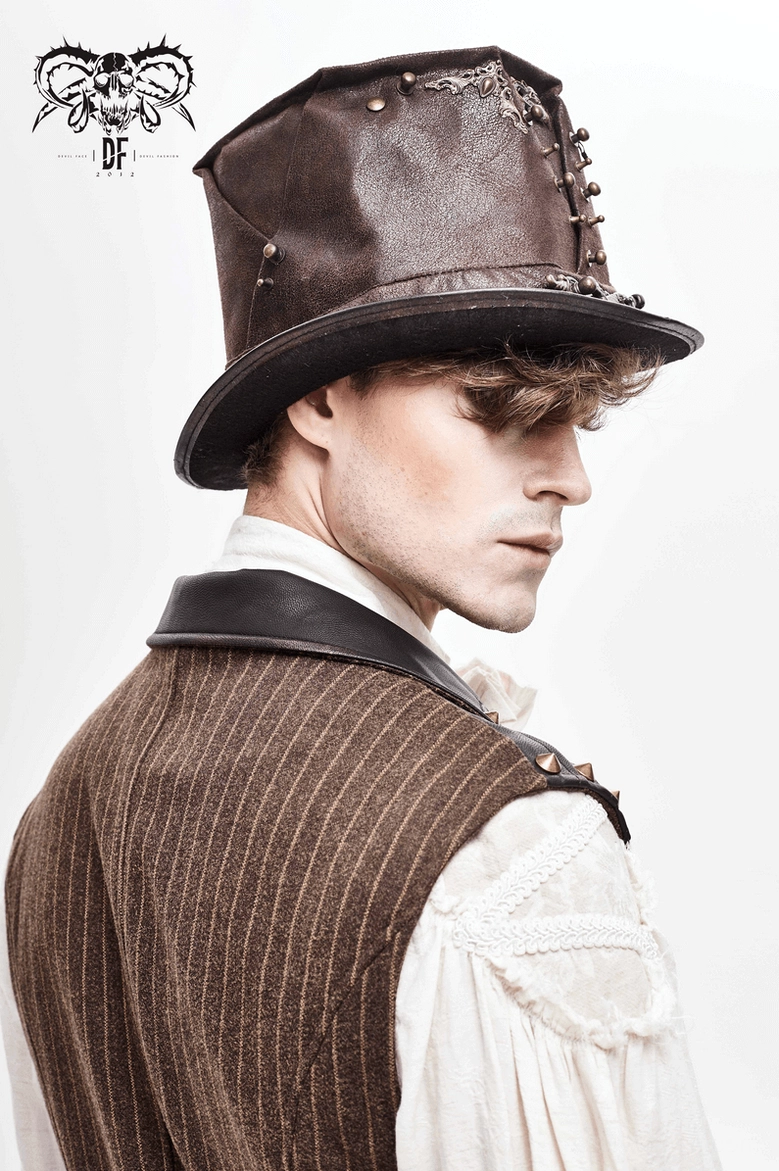 Hero image of brown PU leather steampunk top hat with skull metal ornament, prominent rivets, and structured hexagonal crown design