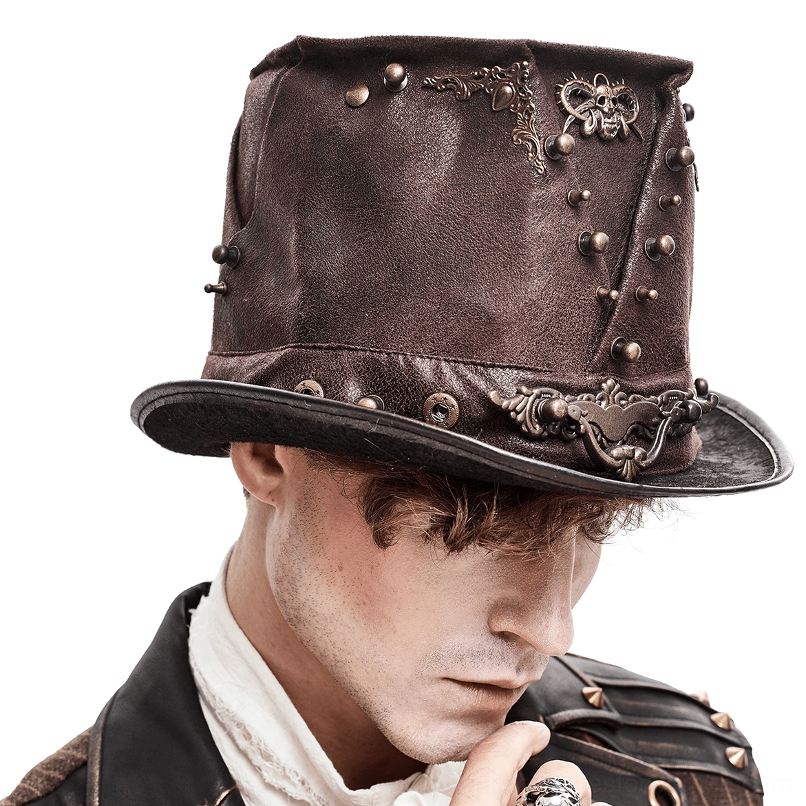 Side profile view of gothic steampunk hat showcasing ornate metal hardware, bronze rivets, and structured top hat silhouette in rich brown PU leather