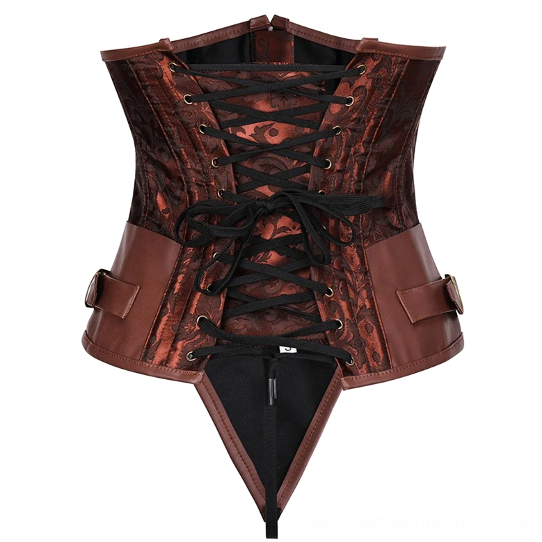 Steampunk underbust corset back view flat display - crisscross lace-up back and leather side accents