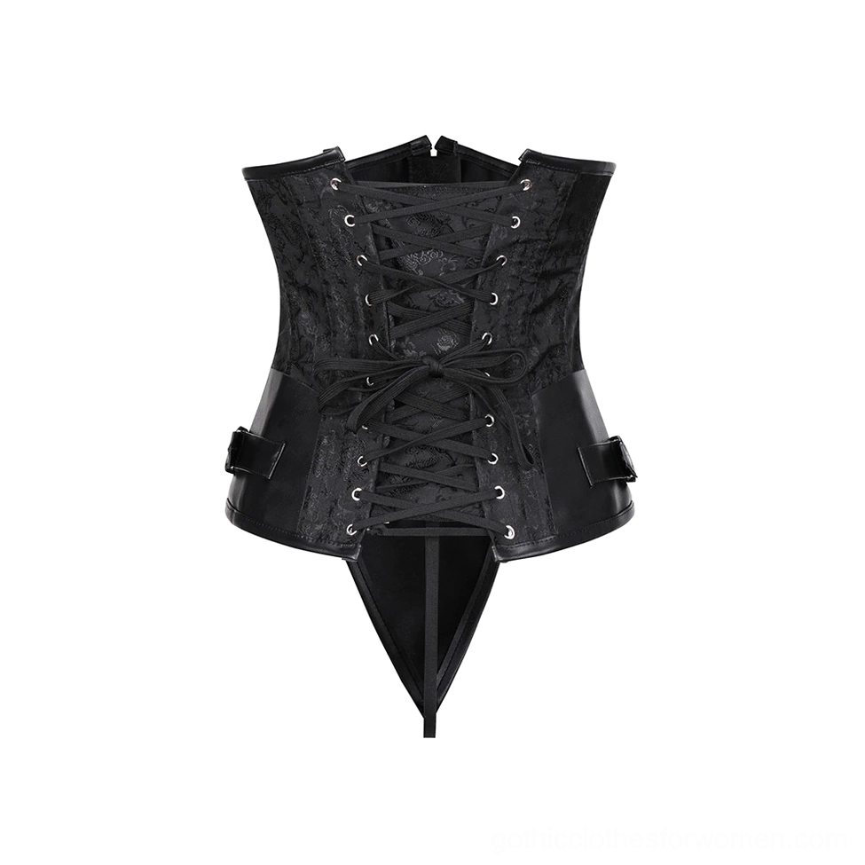 Brown and black steampunk corset styling - underbust corset design detail showing jacquard pattern