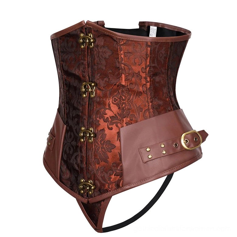 Steampunk underbust corset side view - showing leather waist belt with decorative buckle and hardware detail