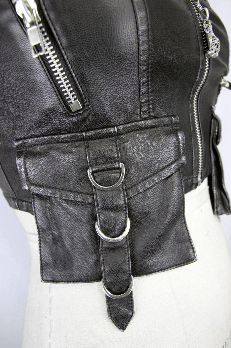 Steampunk vest side pocket close-up highlighting D-ring hardware and leather utility pocket