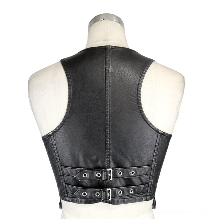 Steampunk vest rear panel close-up featuring dual adjustable buckle straps and metal eyelets