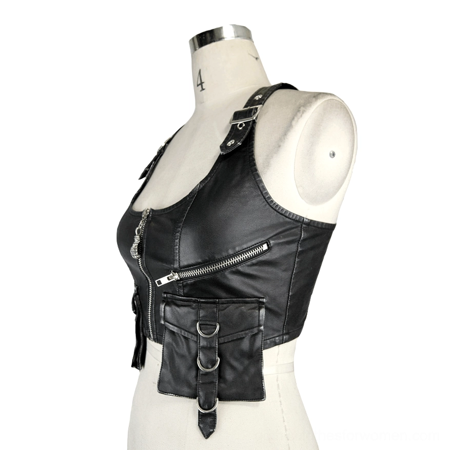 PU leather steampunk vest three-quarter side view showing front zipper and side pocket D-rings
