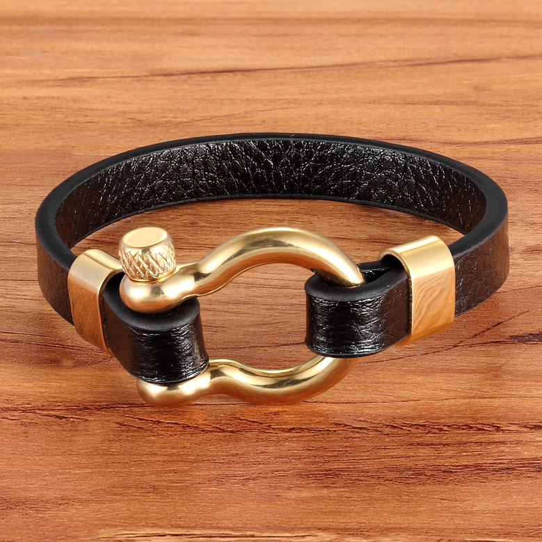 Gothic leather toggle clasp bracelet in steel finish with geometric circle clasp, product showcase angle
