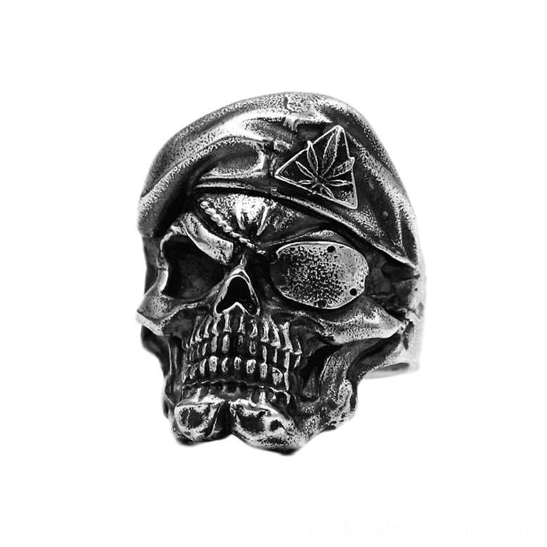 Front angled view of 925 sterling silver skull ring highlighting carved details and gothic aesthetic