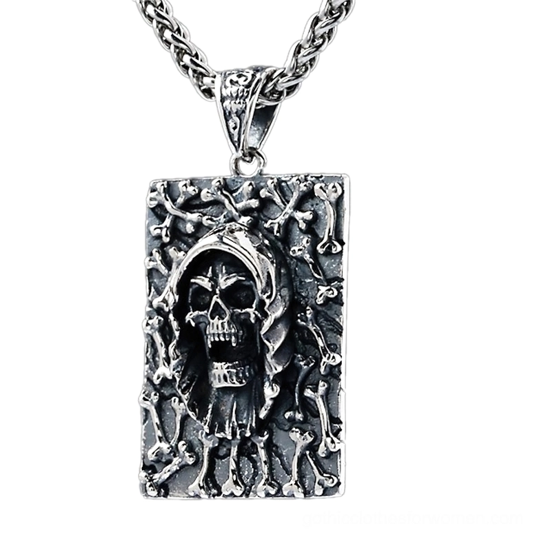 Sterling silver grim reaper skull gothic pendant necklace front view with vintage bone-carved relief on white background