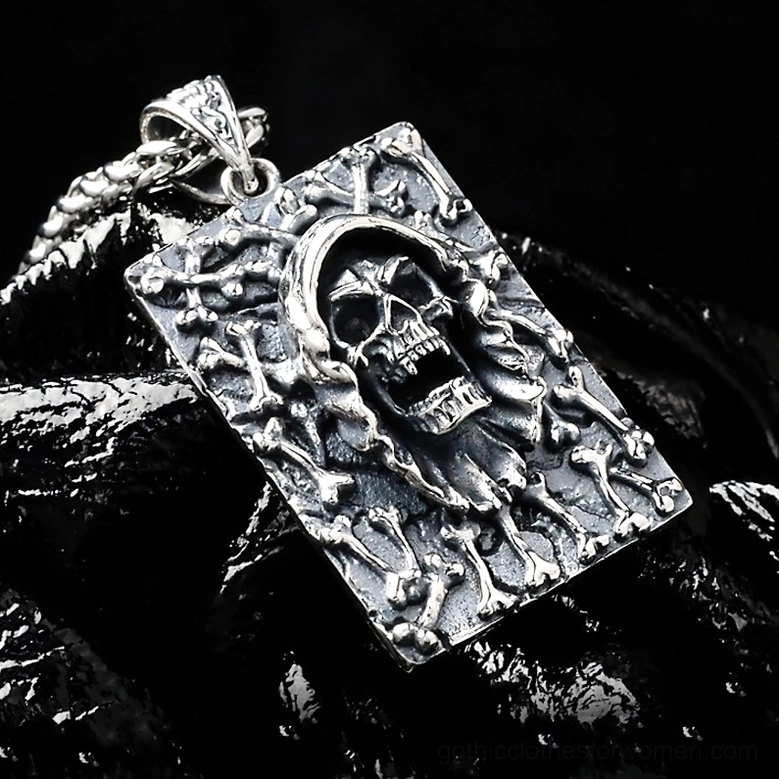 925 sterling silver grim reaper pendant oblique front view with clear skeletal relief and gothic imagery on leather