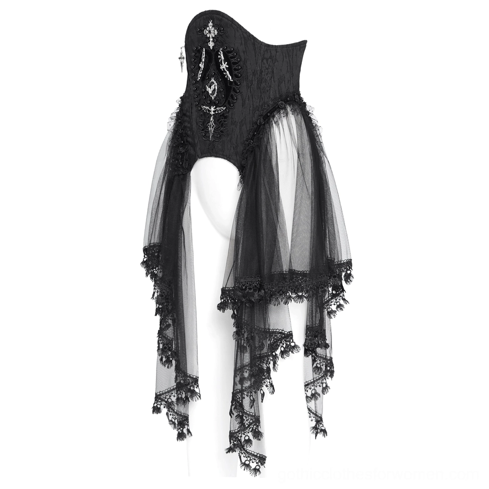 Strapless black gothic underbust corset with jacquard fabric and detailed metal ornaments displayed flat on white background