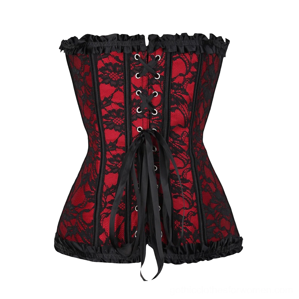 Structured gothic corset showcasing alternative fashion aesthetic with layered lace design, decorative bow accents, and Victorian-inspired silhouette