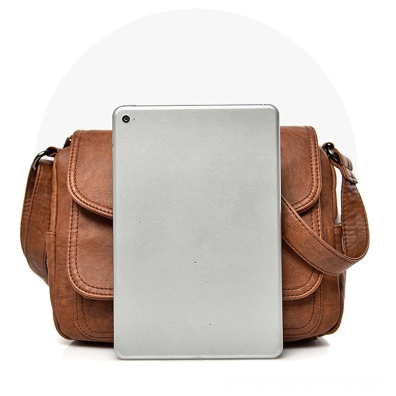 Structured gothic leather flap handbag, vintage crossbody shoulder bag detail
