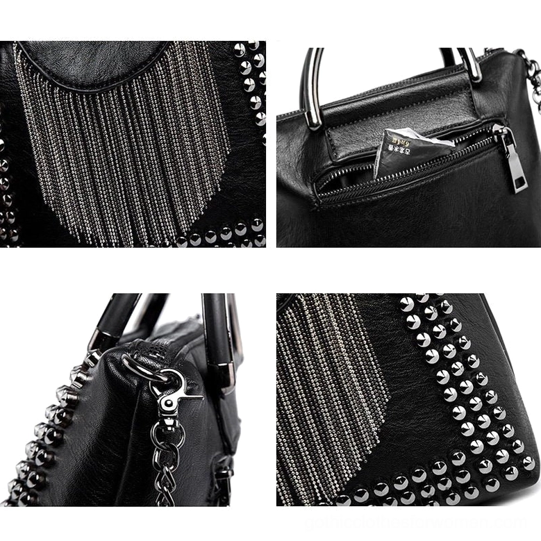 Close-up detail shots of chain tassel, rear zipper, strap buckle and silver metal rivets on black leather