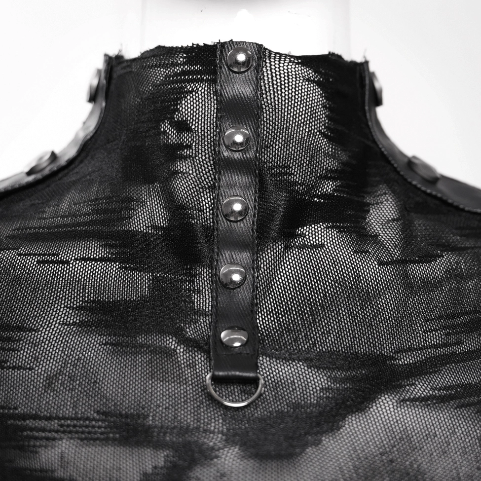 Close-up detail of snap button studded collar on gothic mesh top