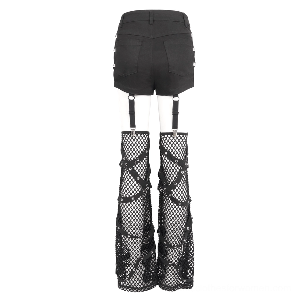 Black studded garter shorts back flat lay with detachable mesh leg accessories and pocket detail