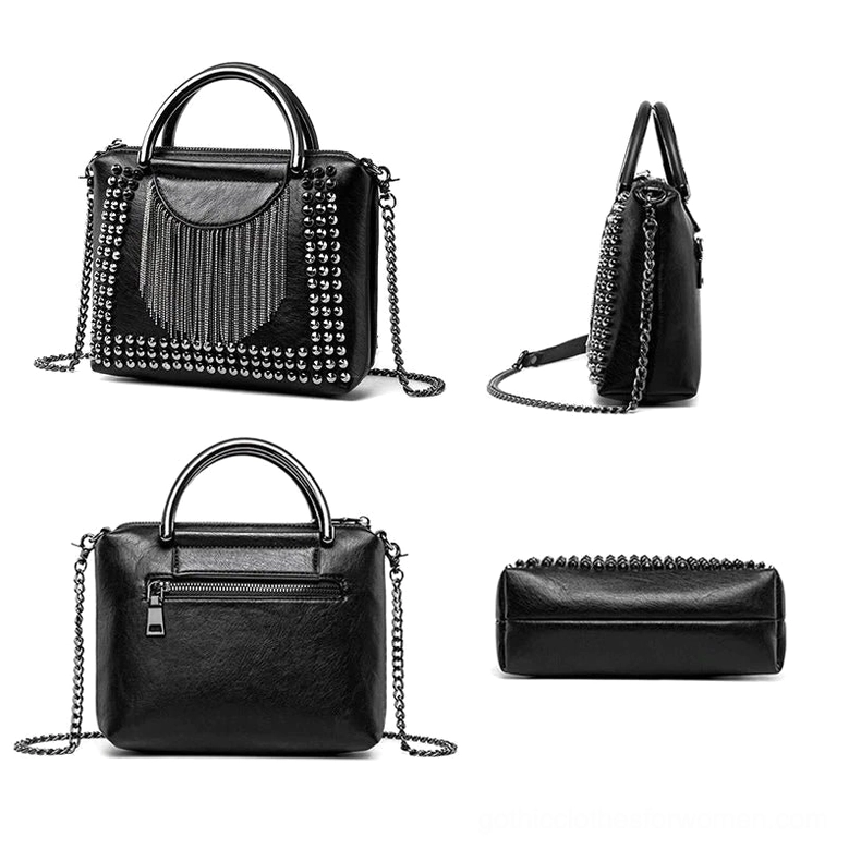 Multiple angle views of studded gothic handbag showing rear zipper pocket and chain strap versatility