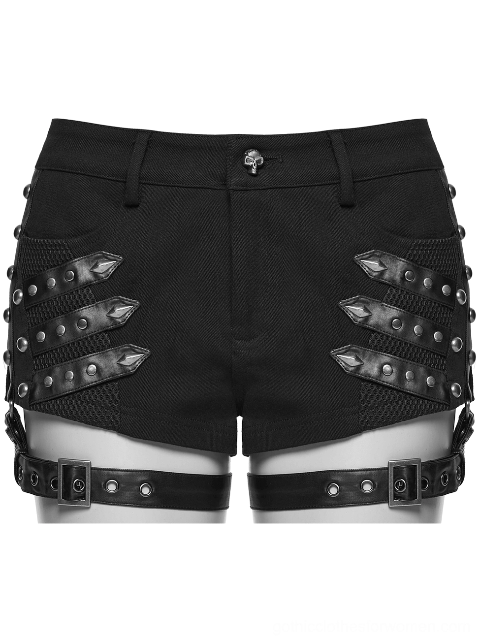 Close-up front view of low-waist black gothic shorts with studded decorative straps and adjustable leg belt system