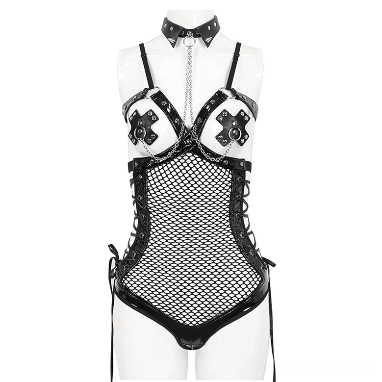 Studded mesh fishnet bodysuit with chain collar and cross breast patches - mannequin front display