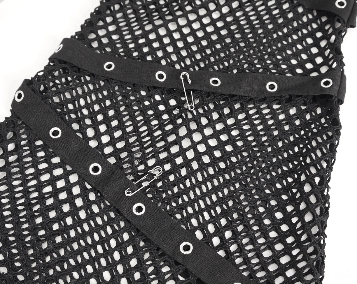 Full body angle of black studded mesh garter shorts on model showing silhouette fit