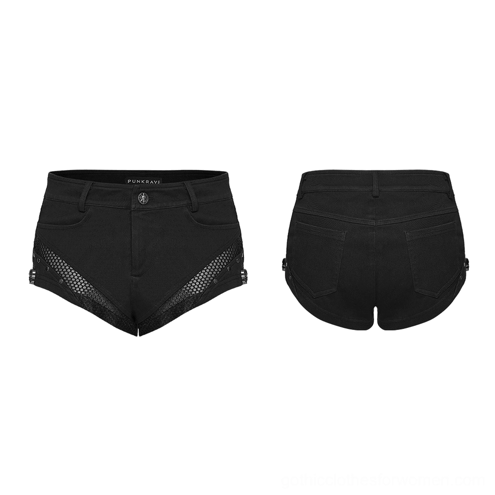 Black punk denim shorts flat lay dual view displaying mesh panels and branded waistband detail
