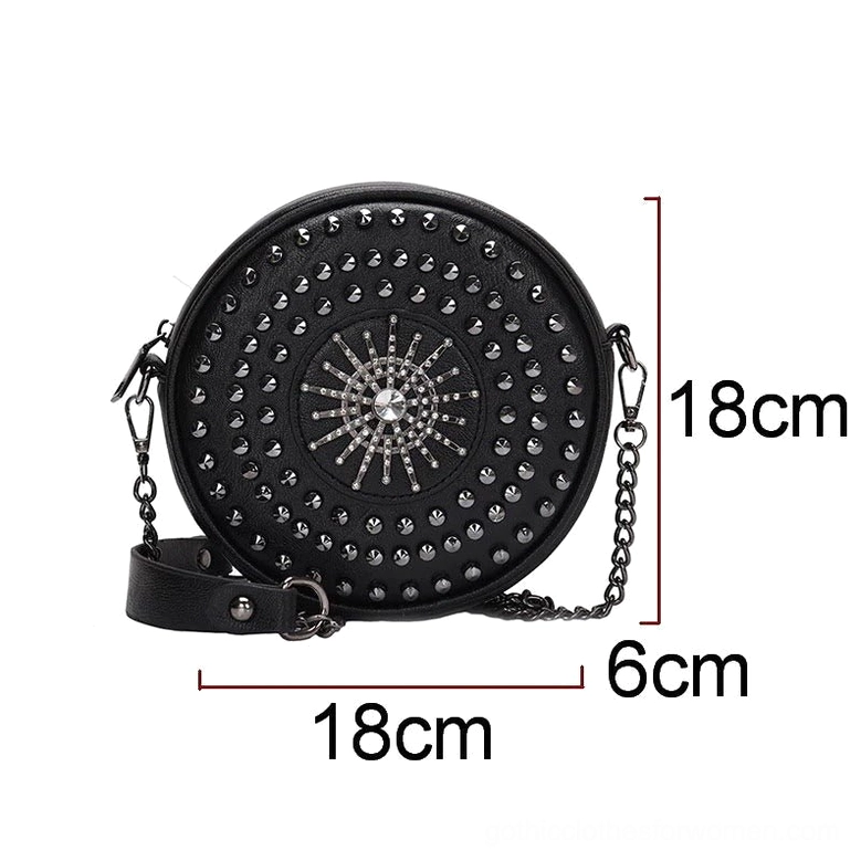 Compact gothic round shoulder bag with dimensions 18cm x 18cm showing size comparison