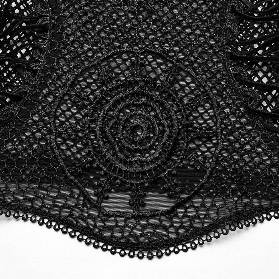 Gothic camisole embroidery and hem detail showing sunflower crochet embroidery pattern with scalloped lace hem edge on black fishnet mesh