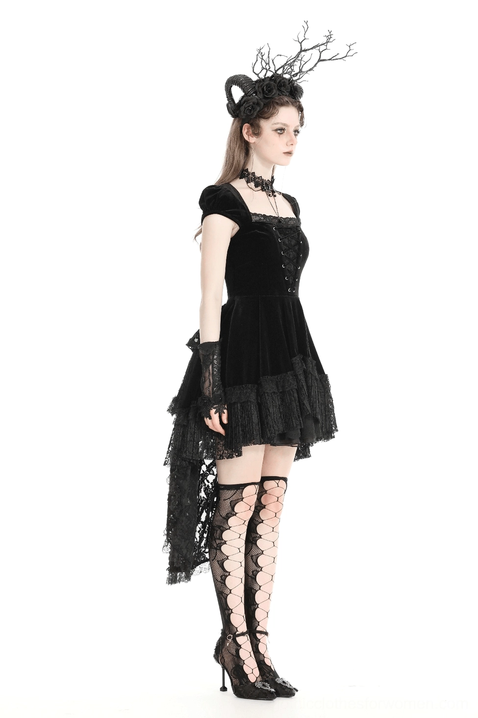 Detailed product view of black velvet swallowtail gothic dress showing zipper closure, lace construction quality, and architectural design elements from multiple angles