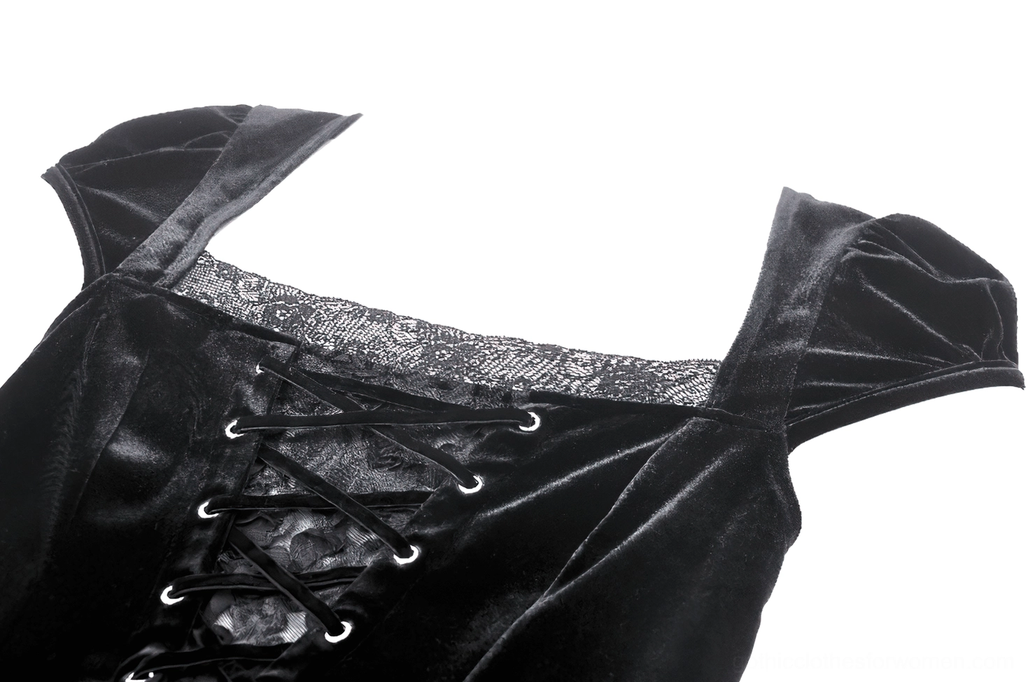 Close-up detail of gothic dress square neckline with lace trim, velvet fabric texture, and cap sleeve ruffled design with metal eyelet construction