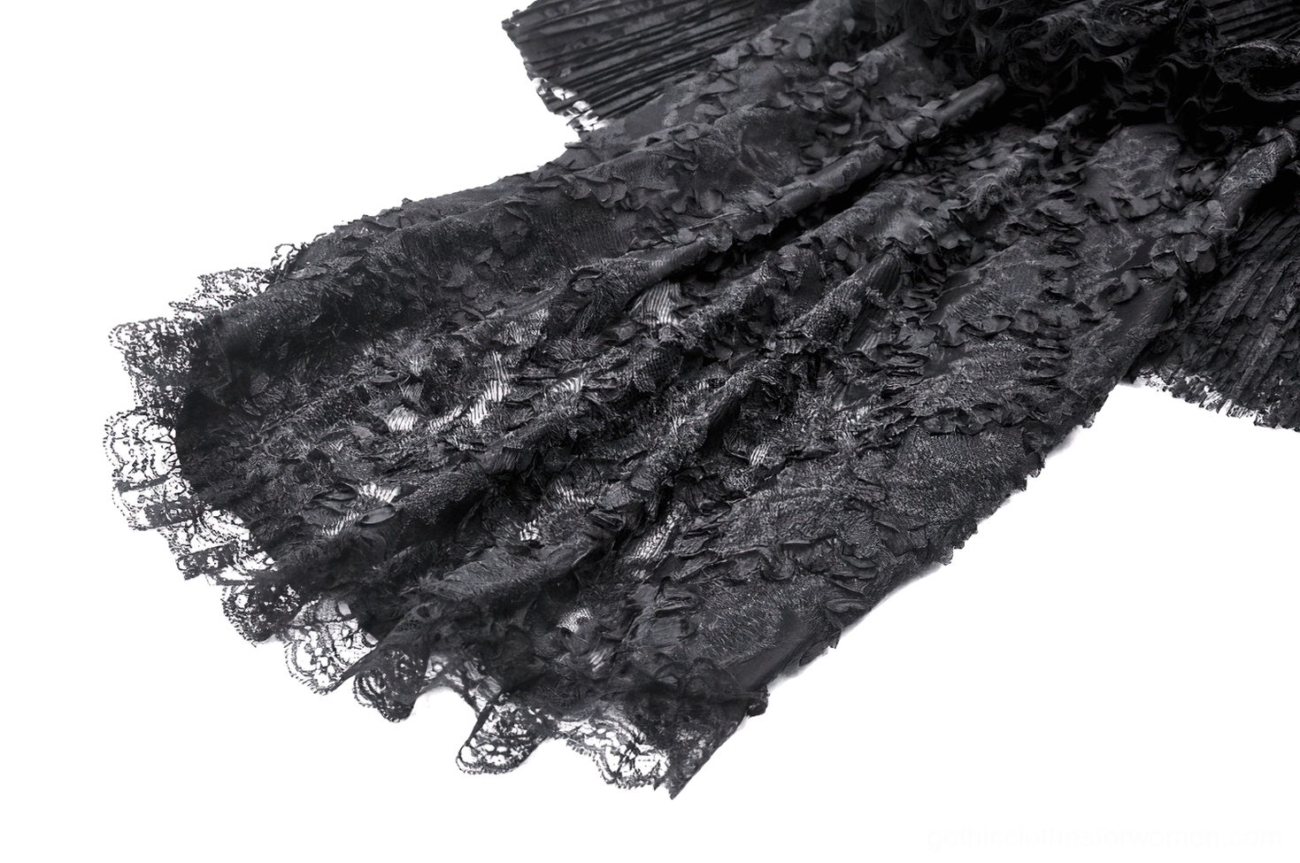 Side profile view of black velvet swallowtail gothic dress emphasizing dramatic high-low hem structure, ruffled lace skirt layers, and fitted bodice silhouette