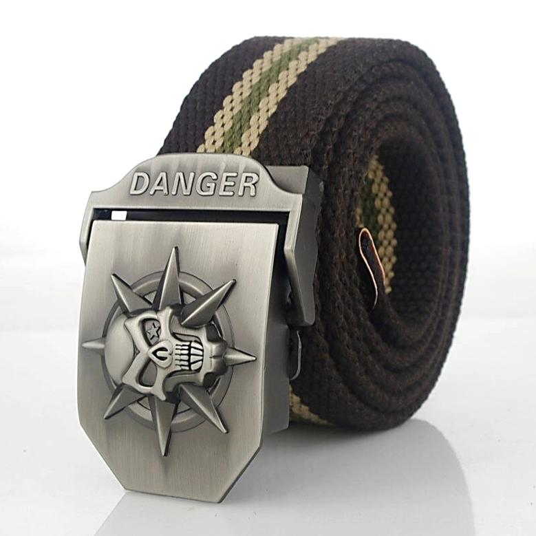 Military inspired green striped canvas belt with gothic spiked skull danger buckle