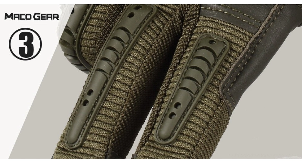 Hard knuckle tactical gloves available in black, green, and brown color options