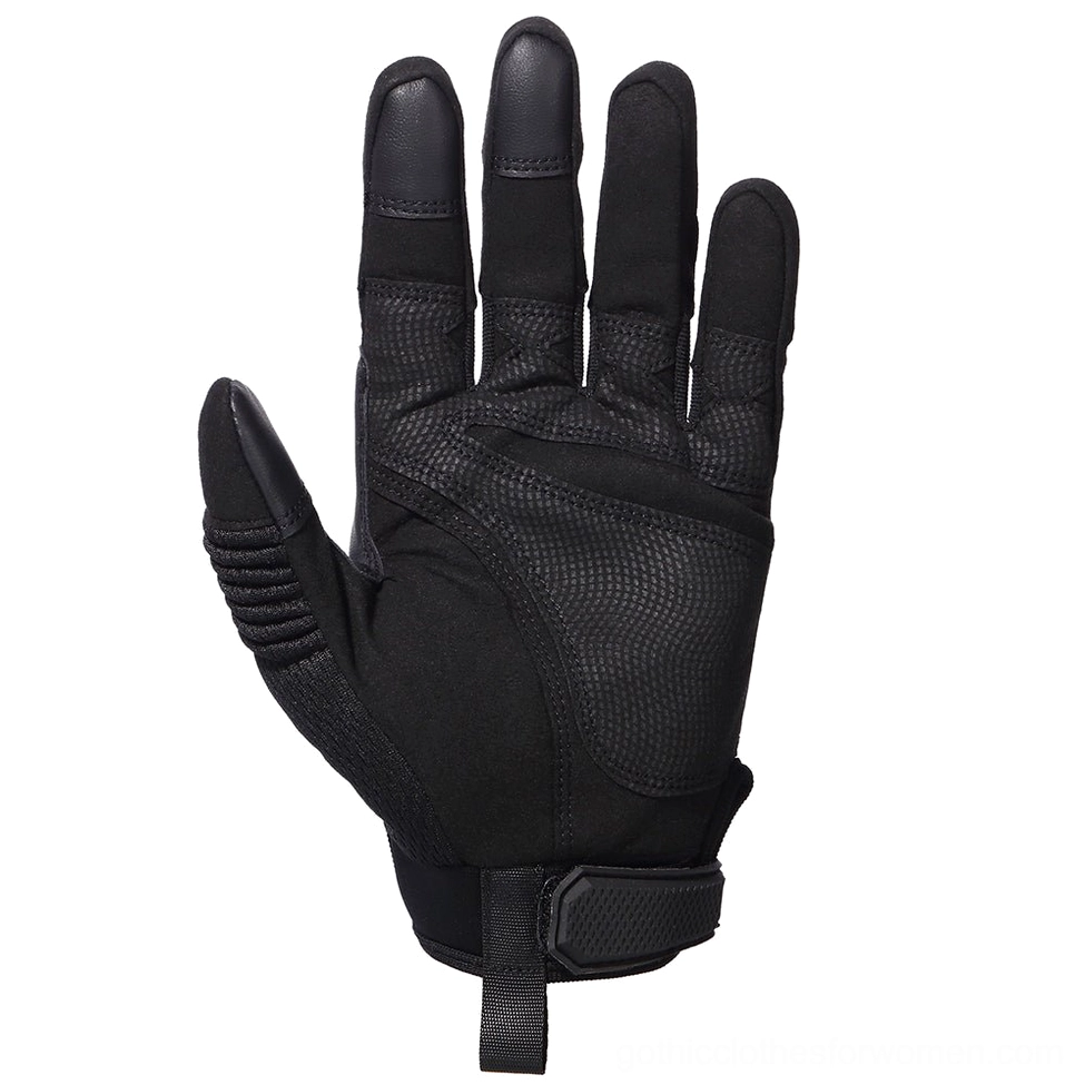 Black tactical glove palm side showing breathable mesh and touchscreen compatibility